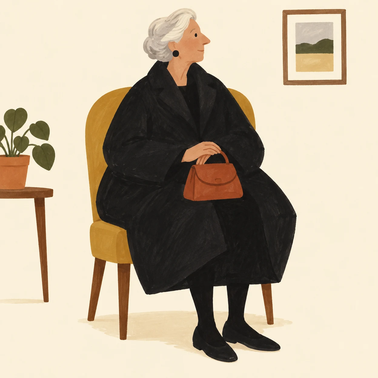 An older woman with swept-back silver hair sits in profile on an ochre chair, wearing a voluminous black coat and holding a rust-coloured handbag.