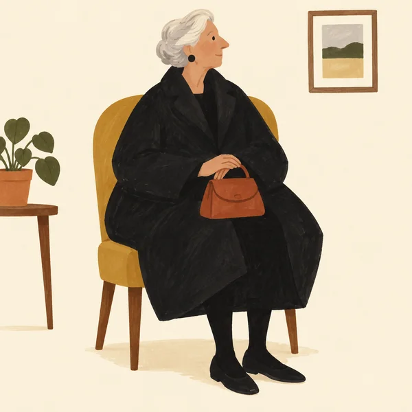 An older woman with swept-back silver hair sits in profile on an ochre chair, wearing a voluminous black coat and holding a rust-coloured handbag.