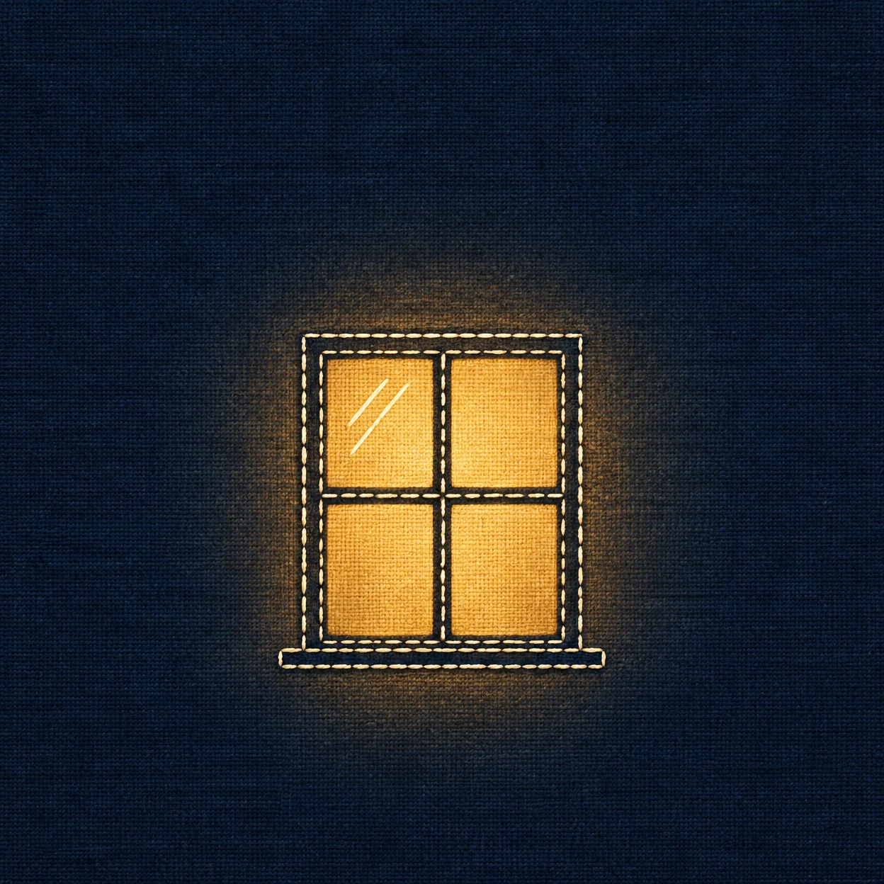 A stitched four-pane window with glowing amber fabric panes sits against a dark navy woven background, surrounded by a soft golden halo.
