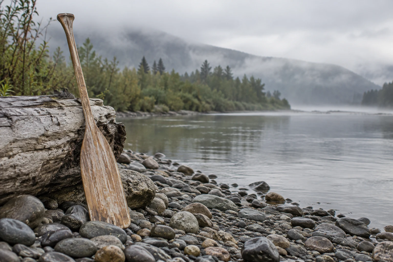 A weathered wooden canoe paddle leans against a large bleached driftwood log on a pebbly riverbank, with a broad misty river and wooded banks behind it.