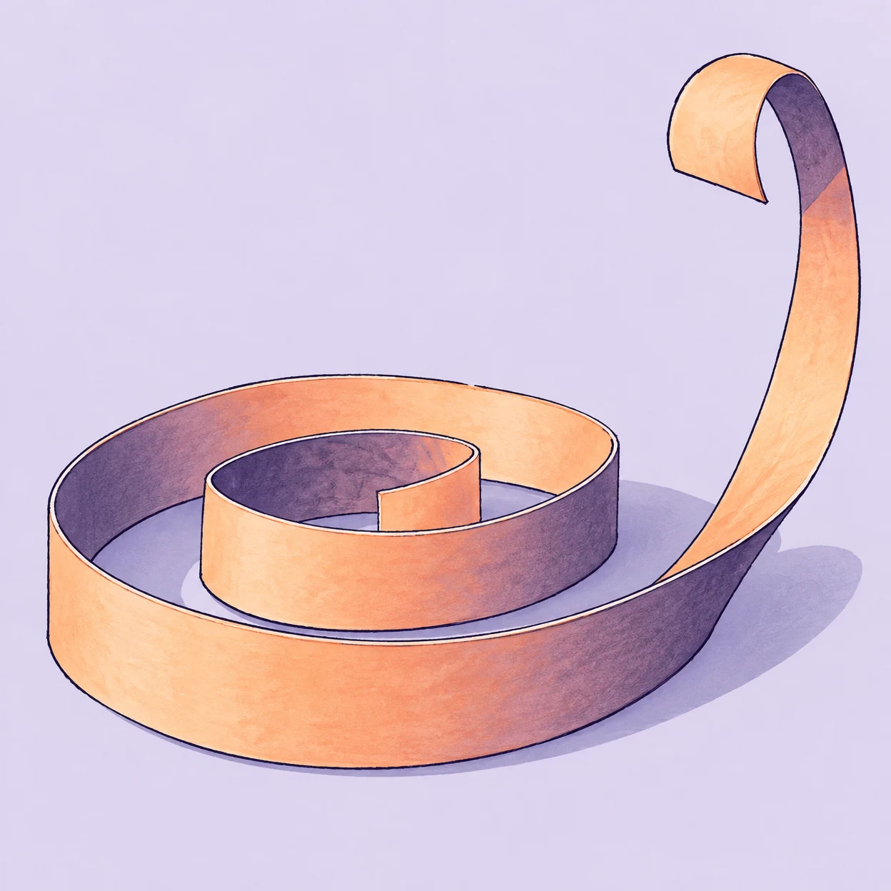 A broad peach-and-violet paper ribbon lies in a flattened spiral across a pale lavender surface, with its outer end rising into a tall hook-shaped curl on the…