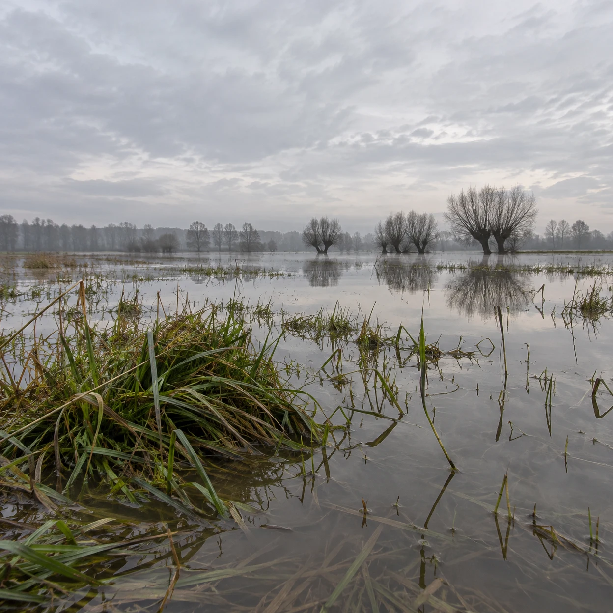 A flooded winter meadow viewed just above the waterline, with green sedge and bent grass in the foreground, reflective brown-grey water, pollarded willows and…