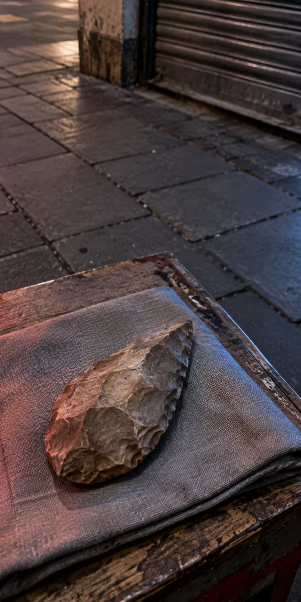 A large flaked stone handaxe rests diagonally on folded grey cloth atop a worn outdoor table, with paving and a closed metal shutter behind it in red and blue…