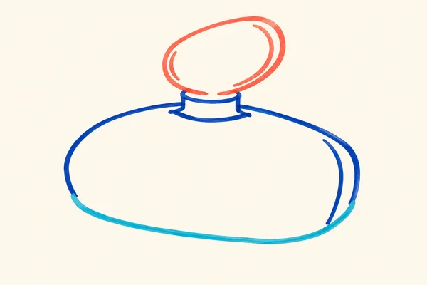 A hand-drawn marker outline of a wide, squat perfume bottle on a warm ivory background, with a large coral stopper, deep blue body contours and aqua along the…