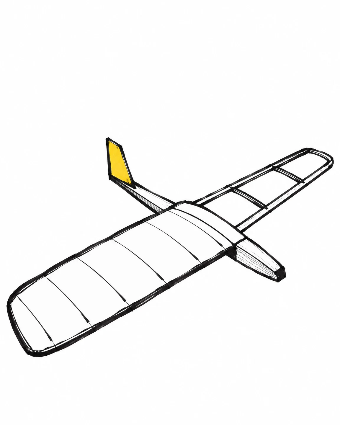 A hand-drawn black-marker illustration of a balsa model glider running diagonally across white paper, with one broad outlined wing, an open-frame opposite wing…