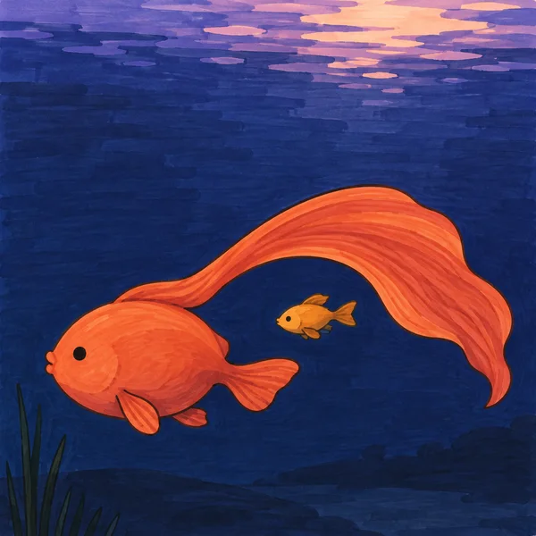 A large coral-orange fish with a tiny protruding mouth and dot eye swims left in deep blue water, its long ribbon-like tail arching over a smaller amber fish…