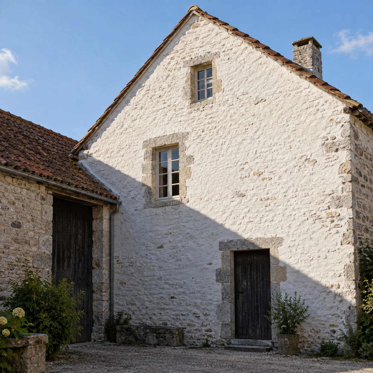 A whitewashed stone farmhouse gable with terracotta roof tiles, two dark timber doors and stone-framed windows fills a paved courtyard.