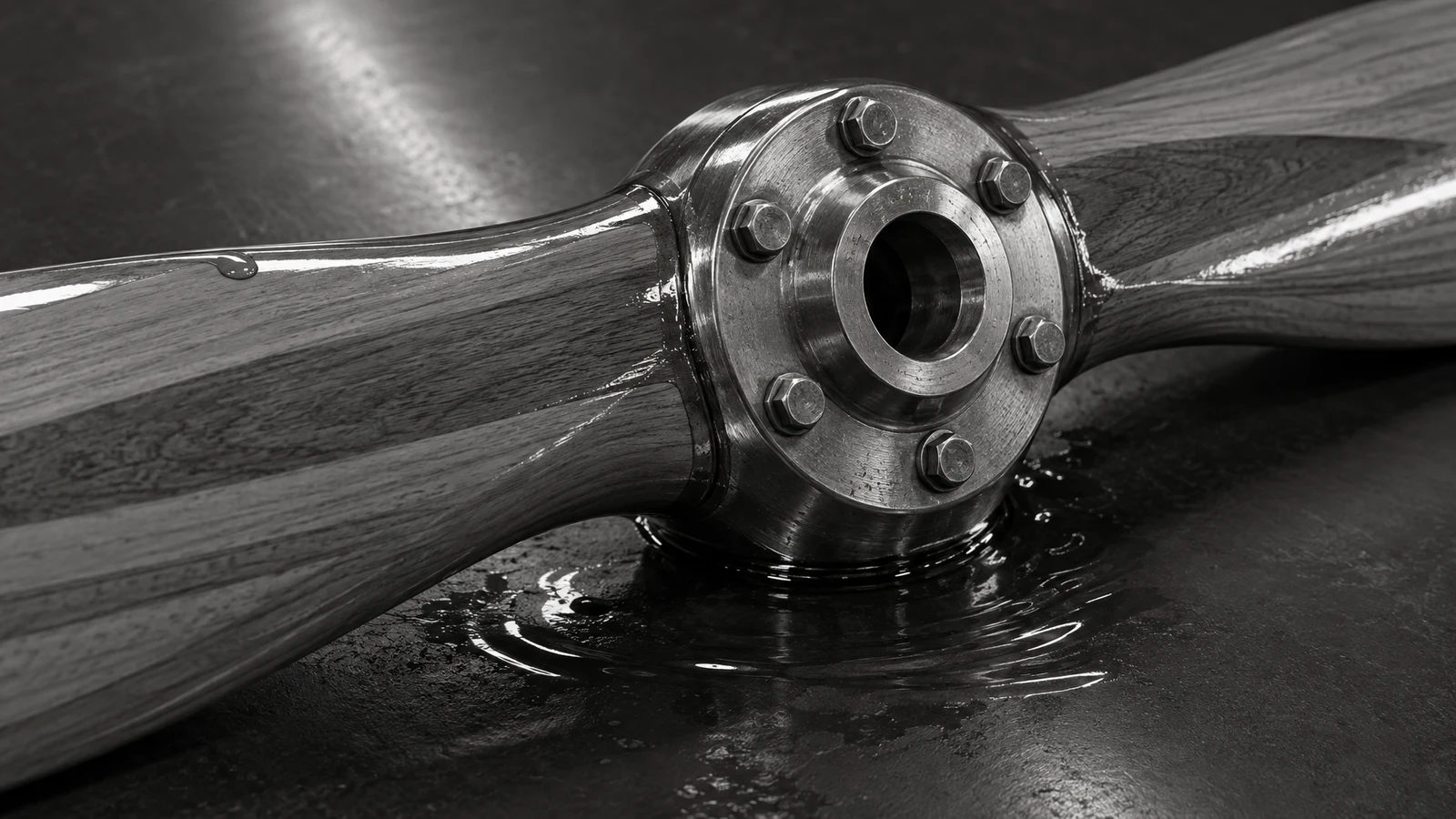 A close-up monochrome view of a two-blade wooden propeller, with a circular metal hub and mounting bolts centered between the cropped blades.