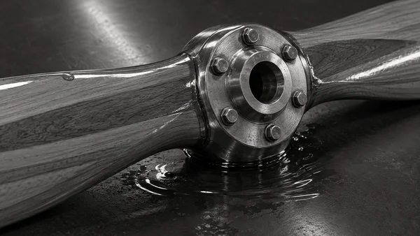 A close-up monochrome view of a two-blade wooden propeller, with a circular metal hub and mounting bolts centered between the cropped blades.
