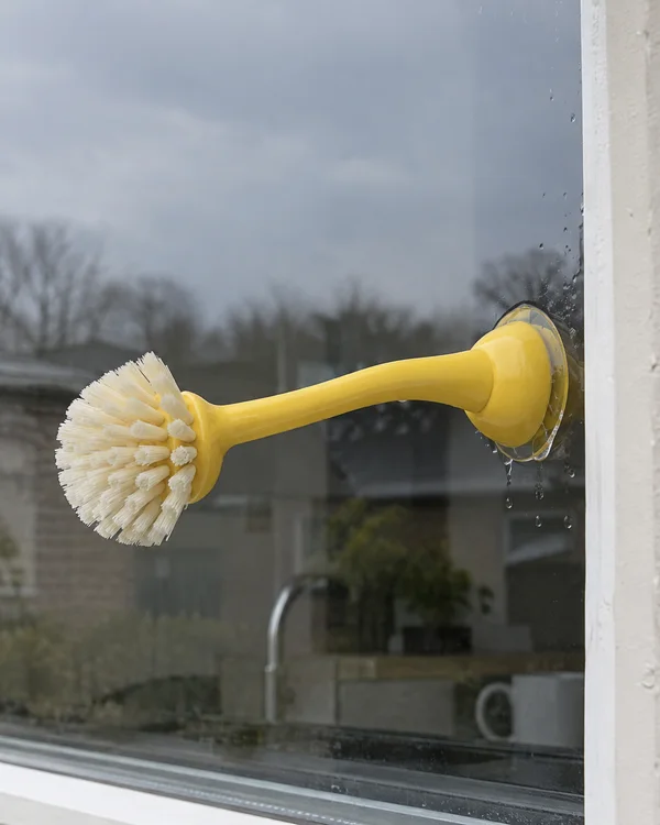 A yellow dish brush with cream bristles is attached horizontally to a window by a clear suction cup, with water droplets around the base and a dim kitchen…