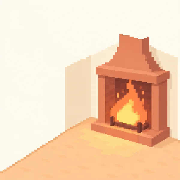 A block-stepped terracotta fireplace with a yellow-and-orange flame sits on the right side of a pale apricot floor, with cream walls and open ivory space above…