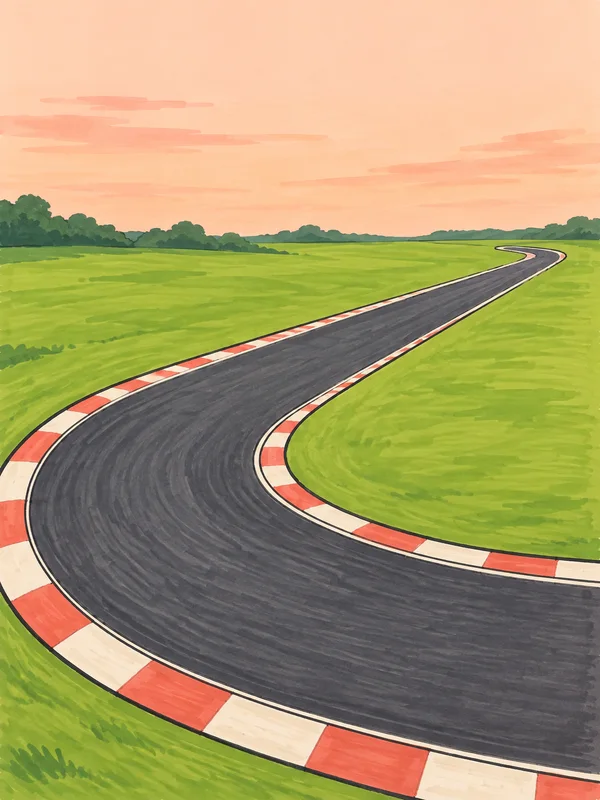 A broad charcoal racetrack bend with coral-red and cream curb blocks sweeps across a green field toward a small distant curve beneath a pale peach sky.
