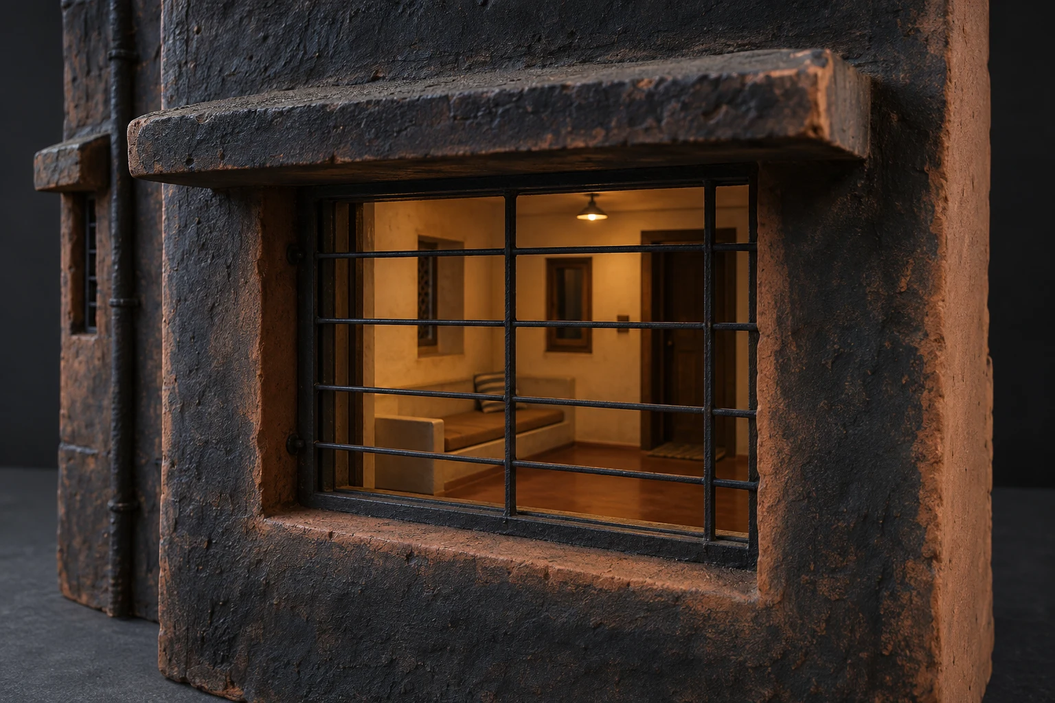 A close view of a rough charcoal-and-terracotta architectural model centers on a deep rectangular window behind a black metal grille, with a thick projecting…