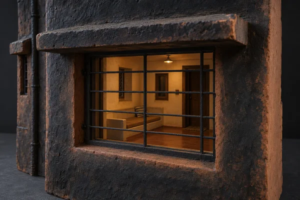 A close view of a rough charcoal-and-terracotta architectural model centers on a deep rectangular window behind a black metal grille, with a thick projecting…