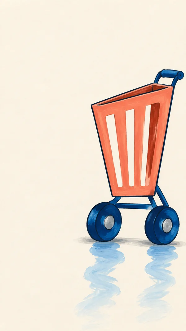 A tall coral shopping cart with a narrow open basket, dark-blue undercarriage, two large blue wheels and a small curved handle stands on warm cream paper.