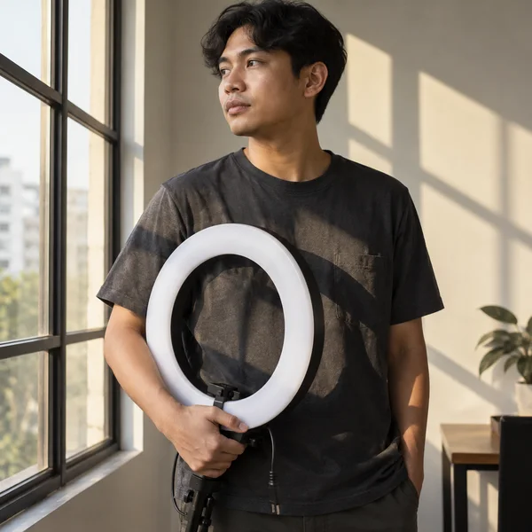 A young man in a charcoal shirt holds a white ring light in front of his torso beside a large window, looking outside as warm sunlight and angular shadows fall…