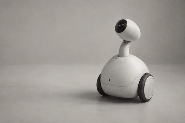 A compact ivory-toned companion robot with a rounded body, two rubber wheels, a curved neck and a single dark lens stands on a pale-gray studio floor, leaving…