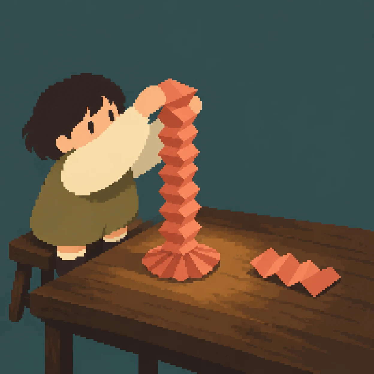 A child in a dark outfit and oversized cream sleeves reaches toward the top of a tall coral folded-paper column on a wooden table; a loose coral paper strip…