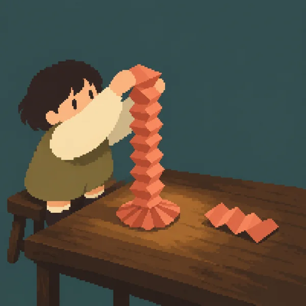 A child in a dark outfit and oversized cream sleeves reaches toward the top of a tall coral folded-paper column on a wooden table; a loose coral paper strip…