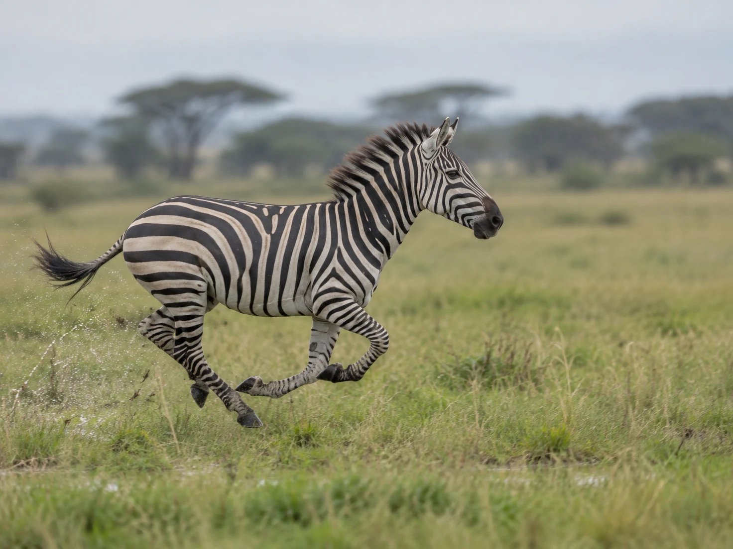 A zebra gallops from left to right across green-gold grass, with its legs tucked beneath it and water spray kicked up behind its hooves.