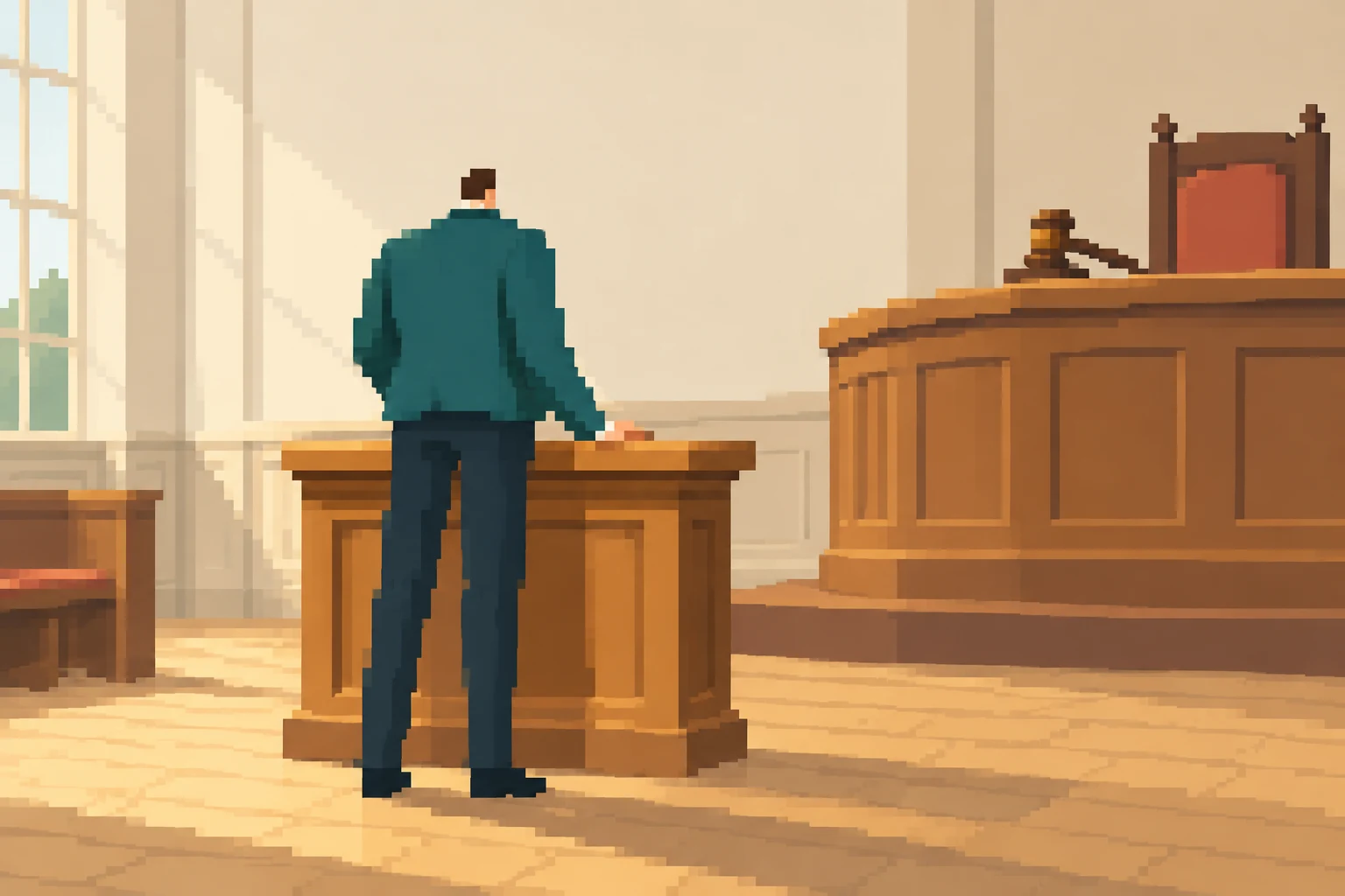 A small-headed figure in a deep teal jacket stands with their back to the viewer at a timber lectern in a sunlit courtroom.