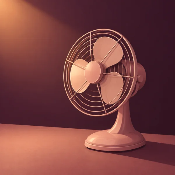 A blush-pink tabletop electric fan with three broad blades sits on a dusty rose desk against a deep plum background, lit warmly from the upper left and casting…