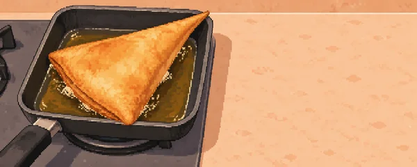 A large golden triangular pastry with one elongated corner sits in a charcoal rectangular frying pan over amber oil, with small pale bubbles along its edges.