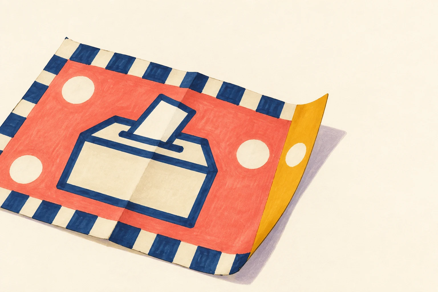 A coral leaflet lies diagonally on a warm cream surface, with a navy-and-cream striped border, large cream dots, and a simple ballot-paper-and-box pictogram.