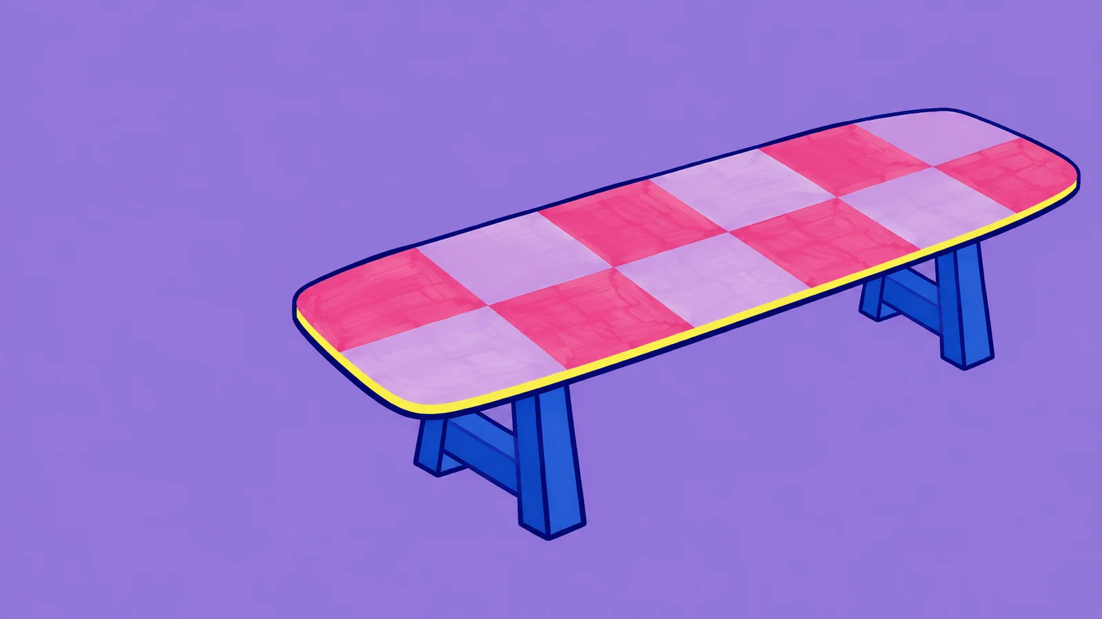 A long rounded trestle table with raspberry-pink and lilac checks stretches diagonally across a violet background, with cobalt supports and a bright yellow…