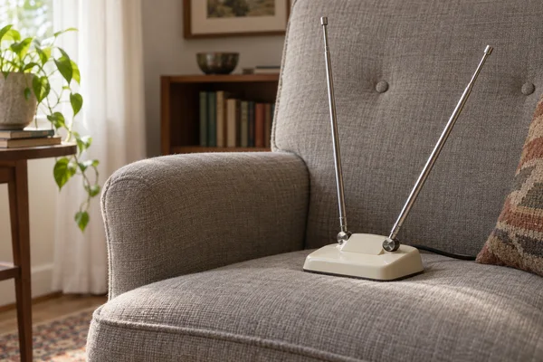 A vintage rabbit-ear television antenna with an ivory base and two chrome rods rests on a gray upholstered chair.