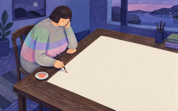 A short-haired person in a broad pastel-banded sweater sits at a dark wooden table, holding a coral-tipped brush over a large blank ivory sheet.