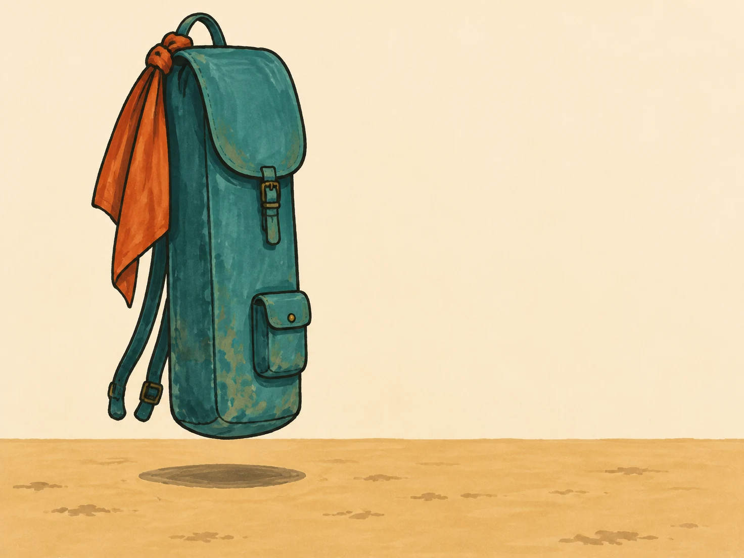 A tall teal backpack with a large rounded flap and two dangling shoulder straps floats above ochre ground.