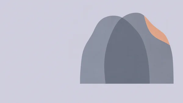 Two overlapping slate-grey, softly translucent abstract forms sit right of centre on a pale lavender-grey field, with a muted apricot wedge visible along the…