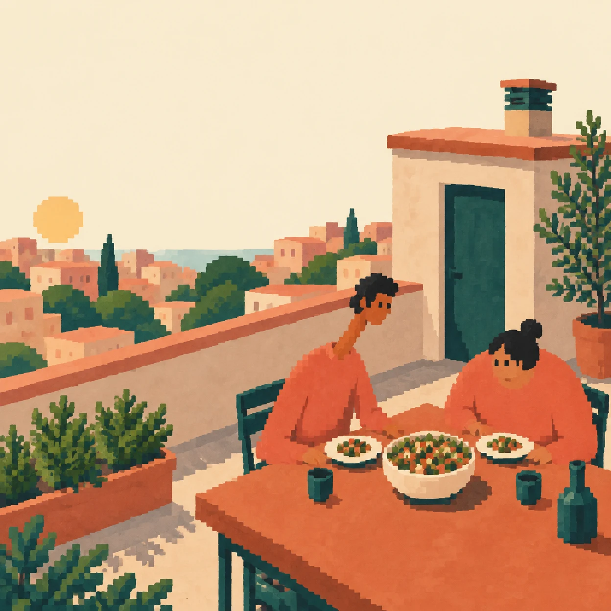 Two people in coral clothing sit across a broad terracotta rooftop table, with a large bowl of food between two smaller plates.