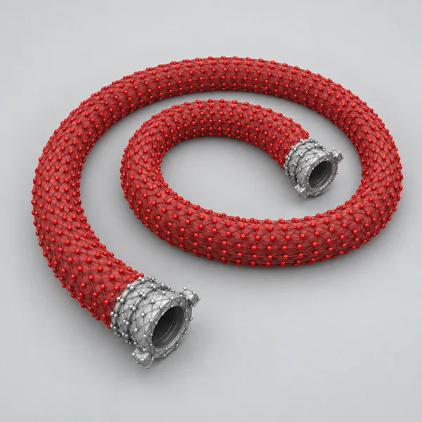 A crimson node-and-line lattice fire hose forms a loose spiral on a pale gray surface, with silver mesh couplings at both ends and a soft shadow beneath it.