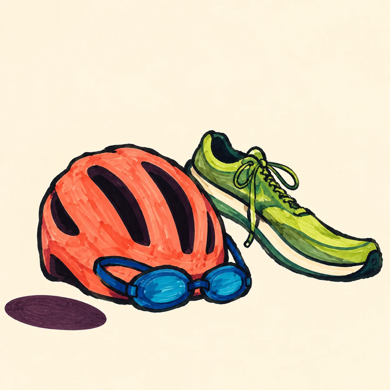 A hand-drawn marker illustration of a large coral cycling helmet with blue swimming goggles across its front, beside a long lime running shoe with loose laces.