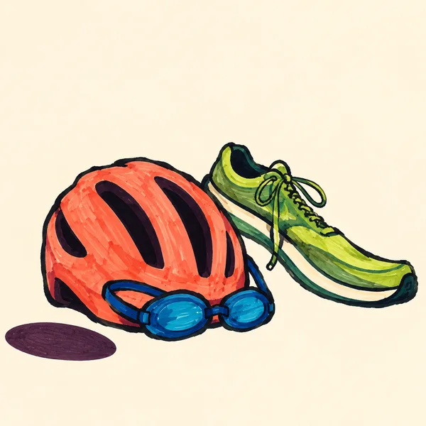 A hand-drawn marker illustration of a large coral cycling helmet with blue swimming goggles across its front, beside a long lime running shoe with loose laces.