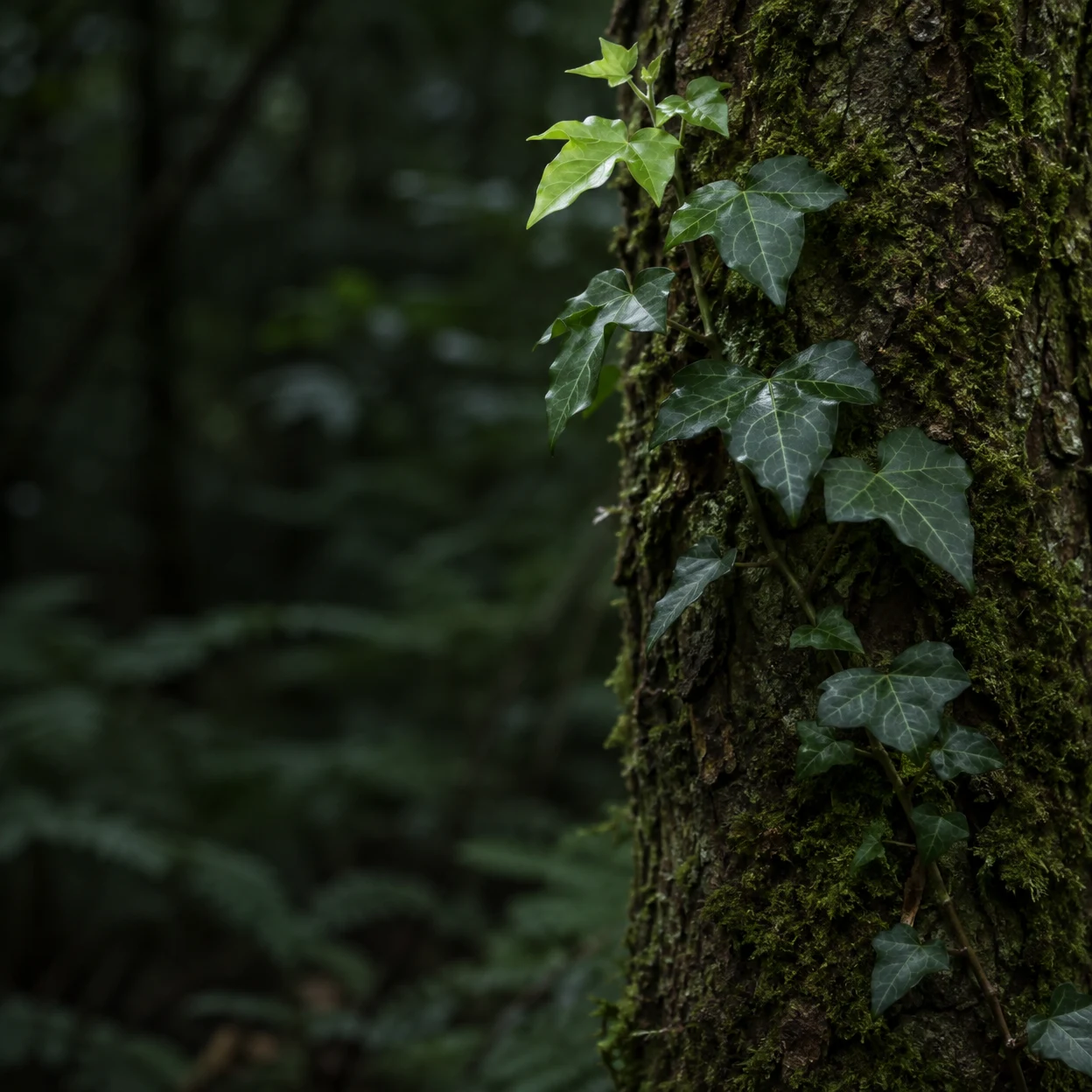 A climbing ivy stem with dark green, pale-veined leaves and fresh light-green growth runs up a moss-covered tree trunk, against a softly blurred, shadowy…