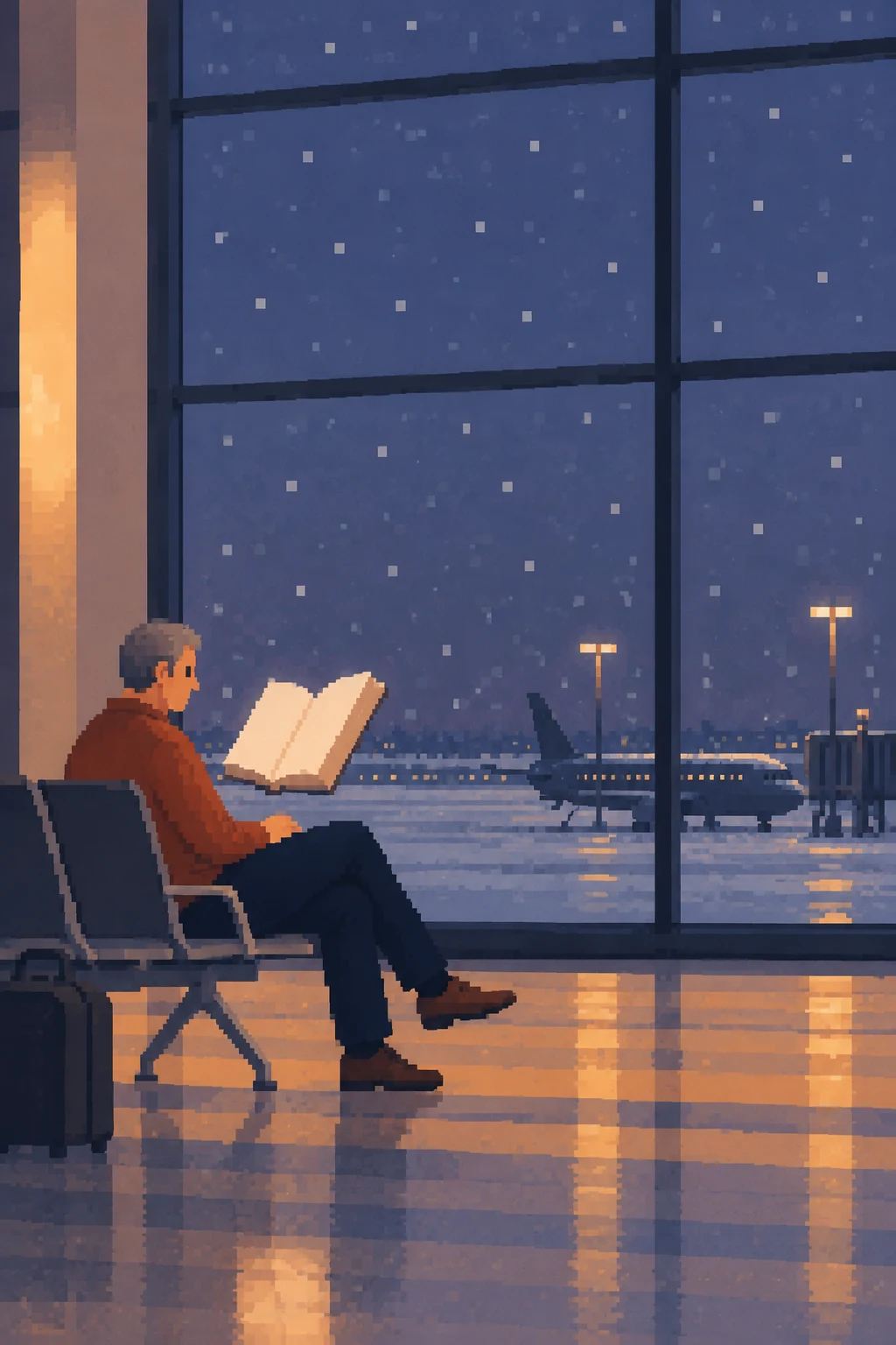 A pixel-art illustration shows a grey-haired passenger seated in profile on a terminal chair, looking at a large open cream-colored book floating above their…