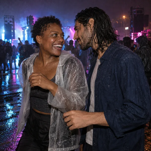 A laughing woman in a translucent rain jacket looks toward a long-haired man in a dark overshirt on a wet, neon-lit street, with a dancing crowd and stage…