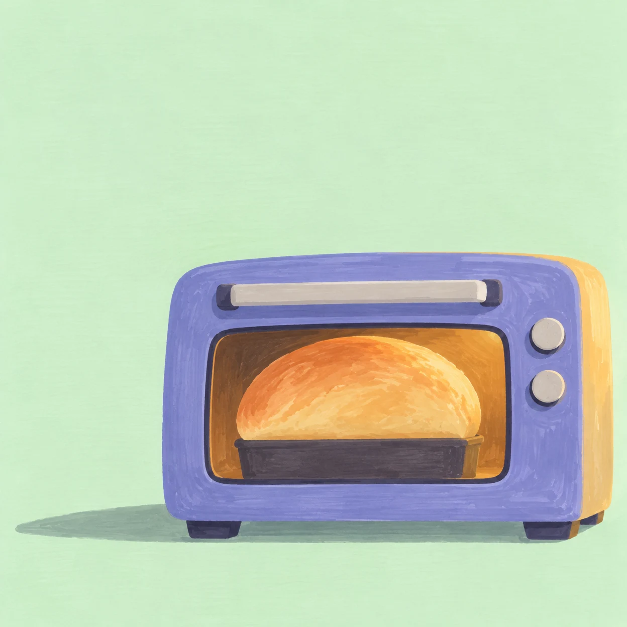 A squat periwinkle oven sits on a pale mint background, with a large golden loaf rising from a dark tin behind its window; two round controls and a horizontal…