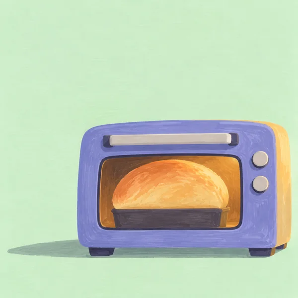 A squat periwinkle oven sits on a pale mint background, with a large golden loaf rising from a dark tin behind its window; two round controls and a horizontal…