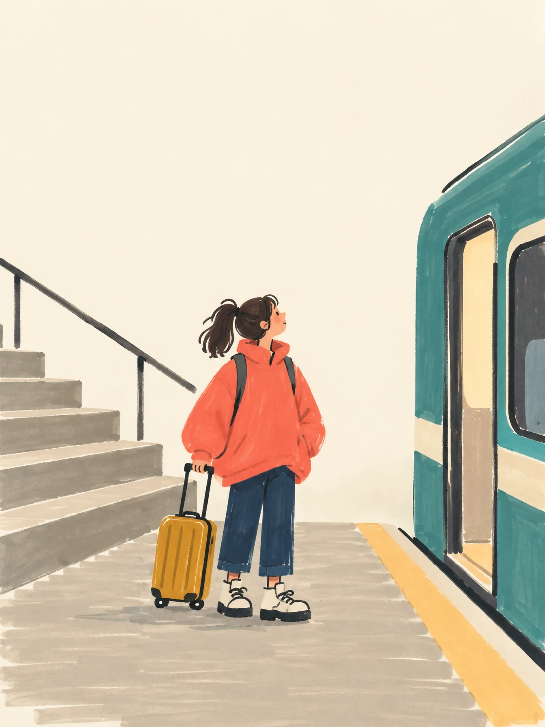 A ponytailed girl in an oversized coral jacket stands on a railway platform with a small ochre rolling suitcase, looking toward an open doorway in a teal…