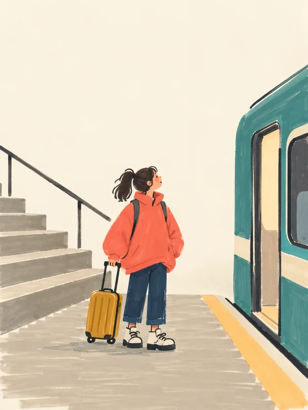 A ponytailed girl in an oversized coral jacket stands on a railway platform with a small ochre rolling suitcase, looking toward an open doorway in a teal…