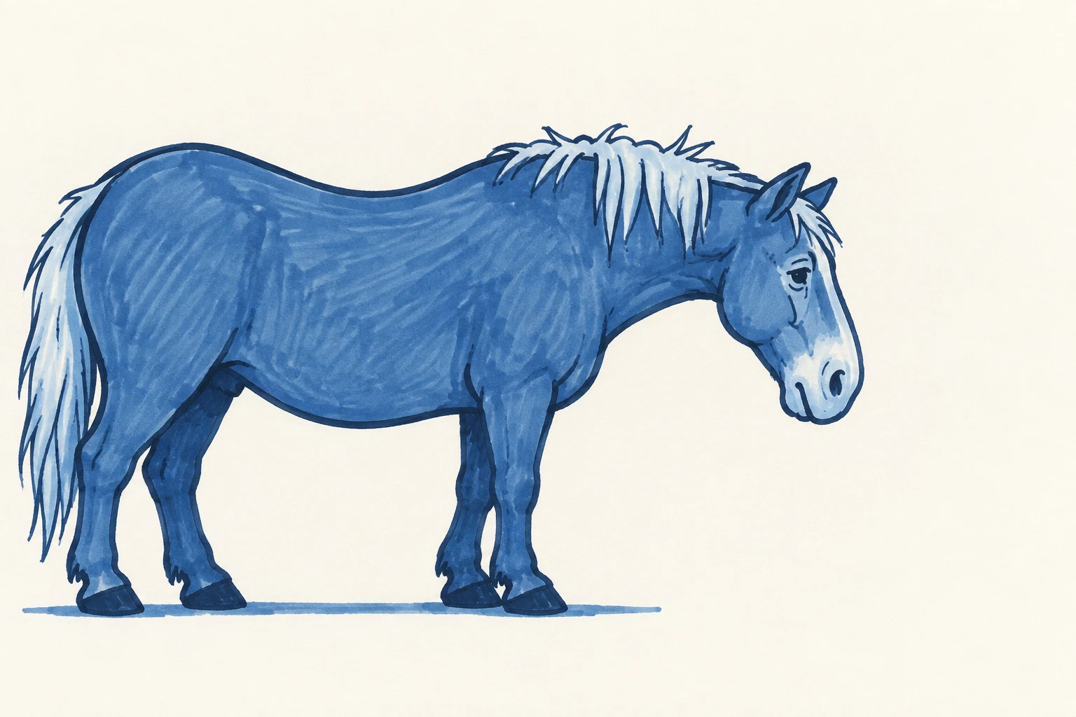 A blue hand-drawn marker illustration of an elderly horse in side profile facing right, with a pale muzzle and shaggy light mane, standing on a short blue…