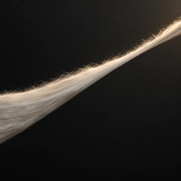 A broad ivory cotton-fibre band sweeps diagonally across a matte charcoal background, with fine wisps along its upper edge and a warm highlight on the fibres.