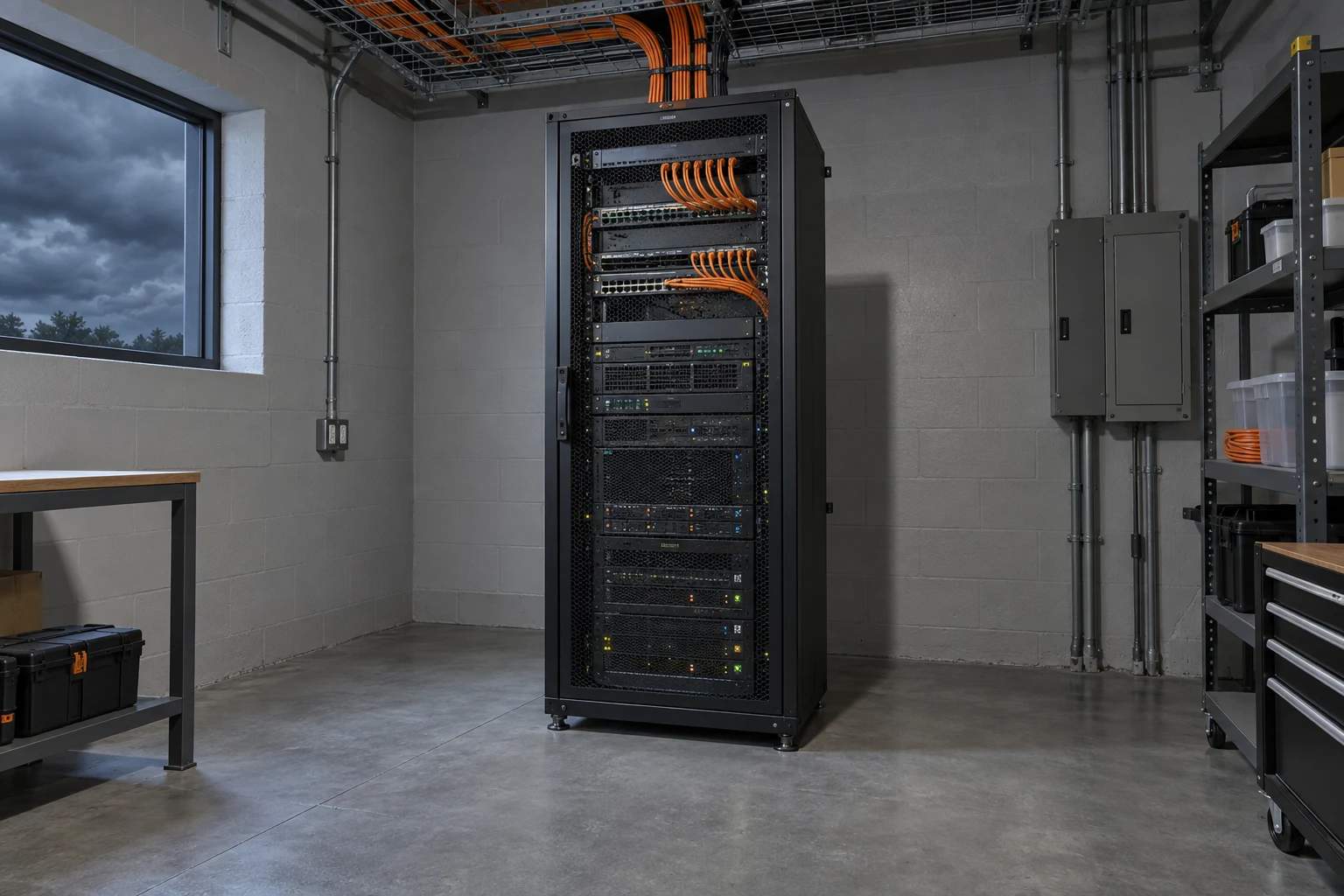 A black server rack with orange patch cables stands in a gray masonry utility room, with a stormy sky visible through a large window and cable trays overhead.
