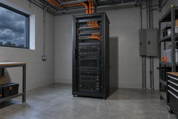 A black server rack with orange patch cables stands in a gray masonry utility room, with a stormy sky visible through a large window and cable trays overhead.