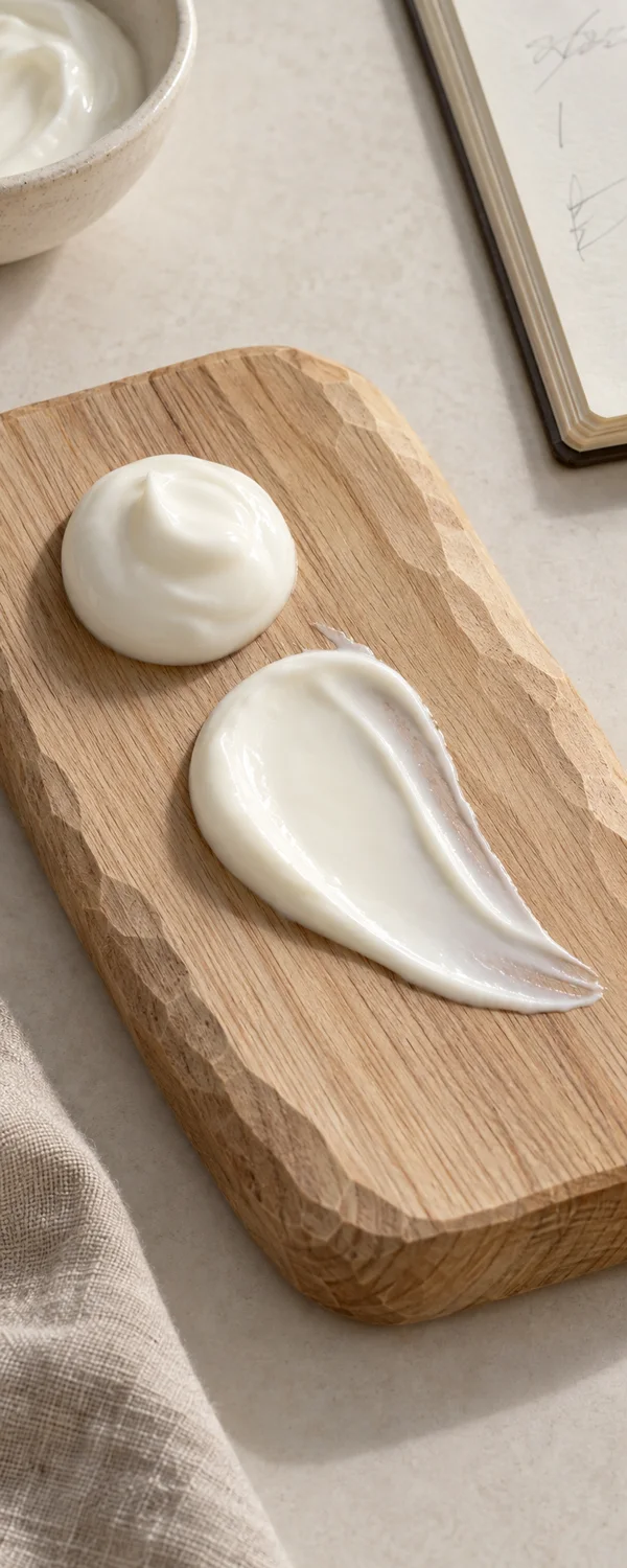 A glossy white dollop and long curved swipe of yoghurt sit on a grooved wooden board.