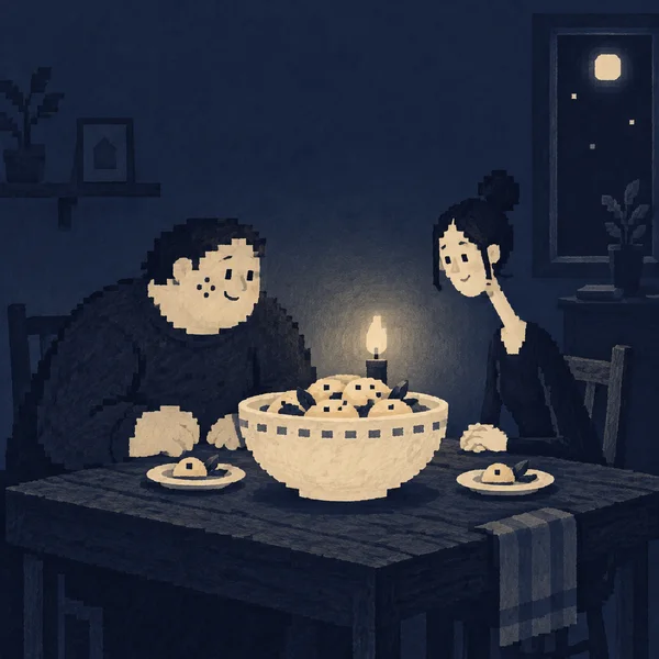 A broad, freckled diner and a narrow, elongated diner sit at a dark dining table, facing an oversized ivory bowl of food with a small plate on either side.